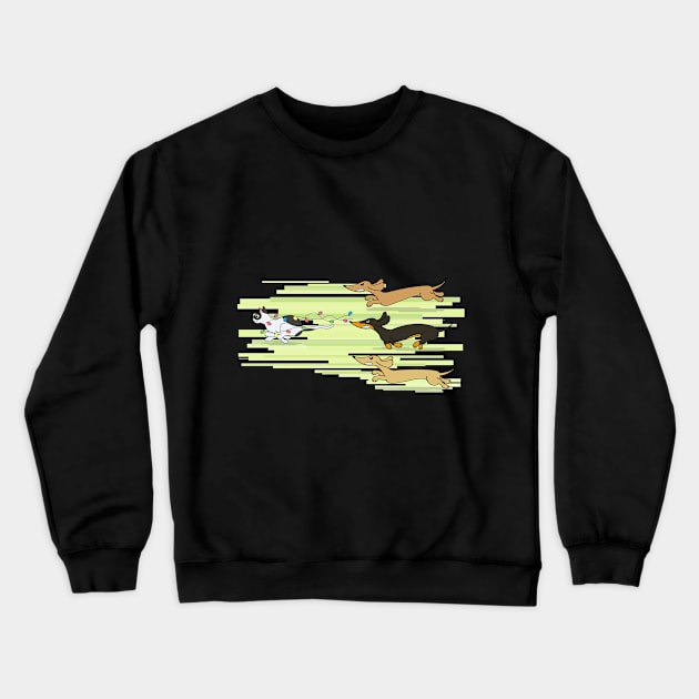 christmas dachshunds chasing cat Crewneck Sweatshirt by Brash Ideas